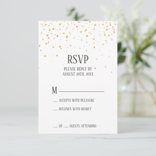 Gold Confetti Wedding RSVP Kaart (Staand voorkant)