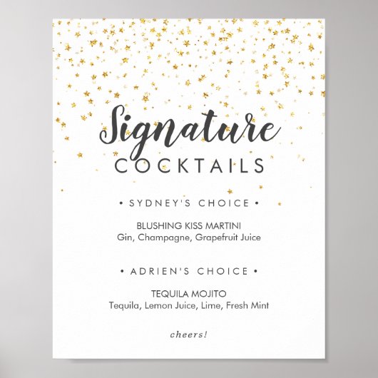 Gold Confetti Wedding Signature Cocktails Sign Poster (Voorkant)