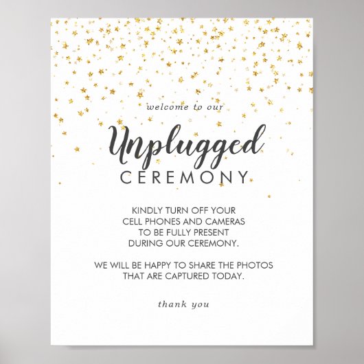 Gold Confetti Wedding Unplugged Ceremony Sign Poster (Voorkant)