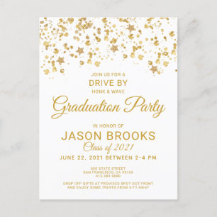 Gold Confetti White Gradution Party drive by Aankondigingskaart