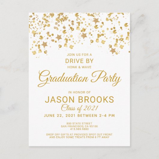 Gold Confetti White Gradution Party drive by Aankondigingskaart (Voorkant)