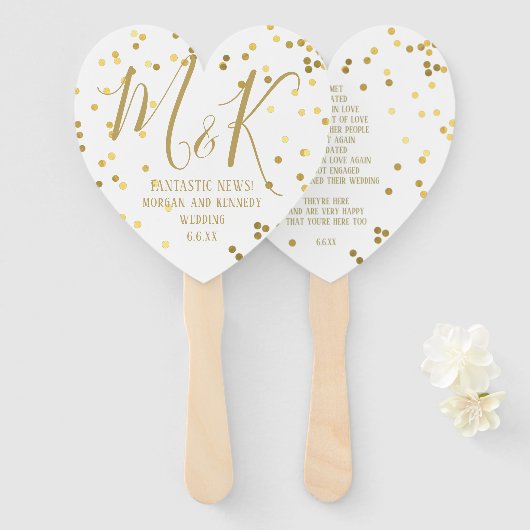 Gold Confetti White Wedding Program Handje Fans Handwaaier (Voorkant en achterkant)