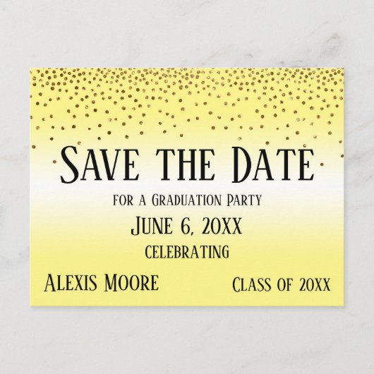 Gold Confetti Yellow Afstuderen Save the Date Briefkaart (Voorkant)