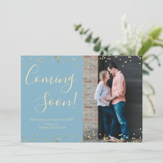 Gold Confetti zwangerschapsaankondiging Kaart op b (Staand voorkant)