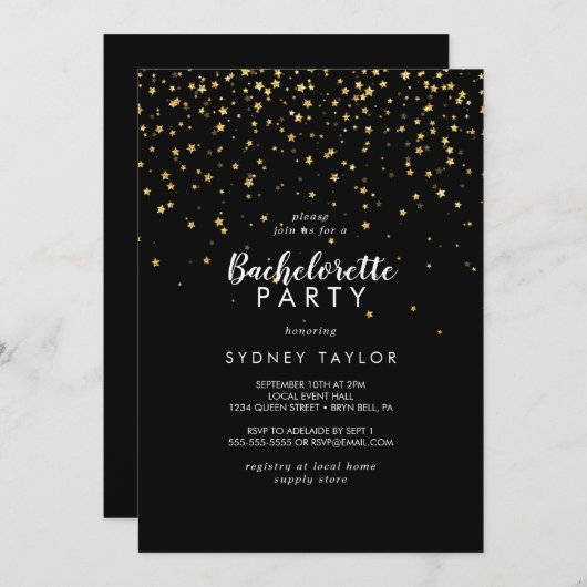Gold Confetti | Zwarte Bachelorette-partij Kaart (Voorkant / Achterkant)