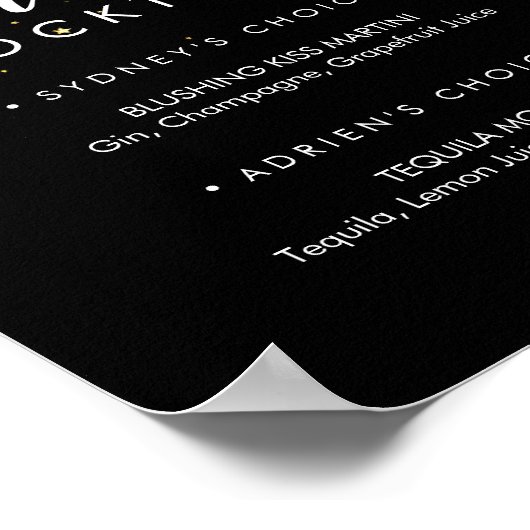 Gold Confetti | Zwarte handtekeningen Cocktails Poster (Hoek)
