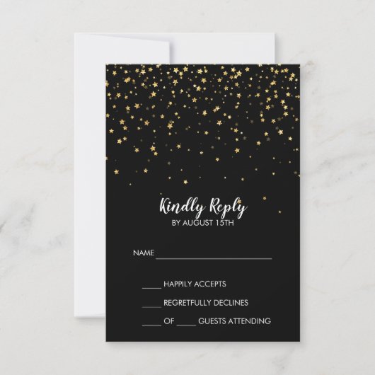 Gold Confetti | Zwarte RSVP-Kaart met eenvoudige b RSVP Kaartje (Voorkant)