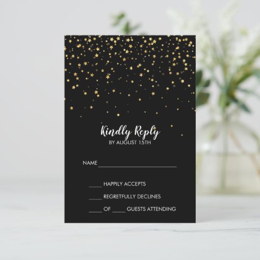 Gold Confetti | Zwarte RSVP-Kaart met eenvoudige b RSVP Kaartje (Staand voorkant)