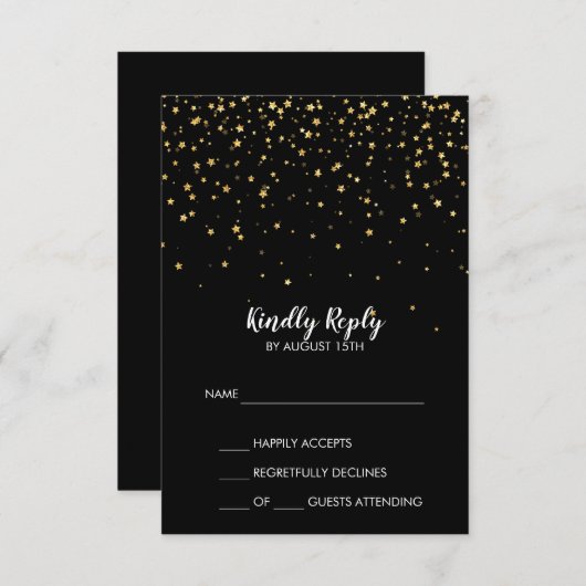 Gold Confetti | Zwarte RSVP-Kaart met eenvoudige b RSVP Kaartje (Voorkant / Achterkant)