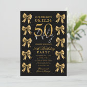Gold Coquette Bow Save Date 50th Birthday Party Kaart (Staand voorkant)