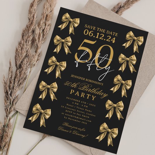 Gold Coquette Bow Save Date 50th Birthday Party Kaart
