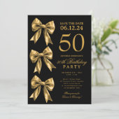 Gold Coquette Bow Save The Date 50th Birthday Kaart (Staand voorkant)