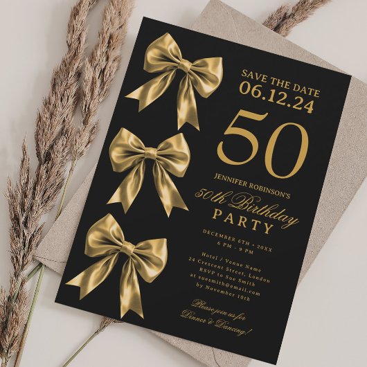 Gold Coquette Bow Save The Date 50th Birthday Kaart