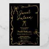 Gold Coquette bows ribbons illustrations Sweet 16 Folie Uitnodiging (Voorkant)