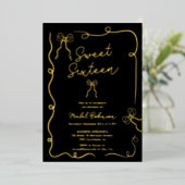 Gold Coquette bows ribbons illustrations Sweet 16 Folie Uitnodiging (Staand Voorkant)