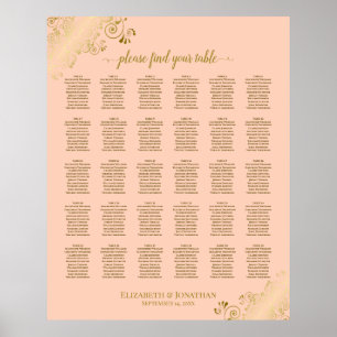 Gold & Coral Peach 30 Table Wedding Seating Chart Poster