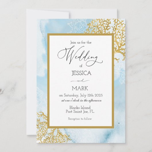 Gold Coral Waterverf Nautical Wedding Invitation Kaart (Voorkant)