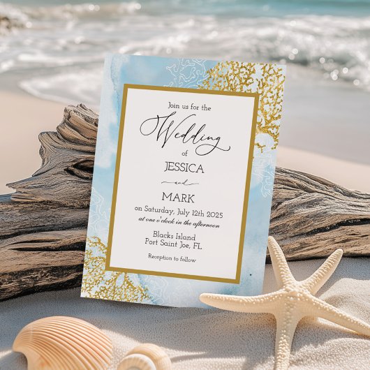 Gold Coral Waterverf Nautical Wedding Invitation Kaart