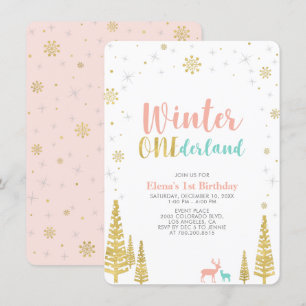Gold & Coral Winter Onederland 1e verjaardagsfeest Kaart