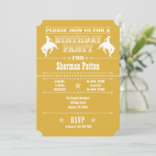 Gold Cowboy Rodeo Birthday Party Invitation Kaart (Staand voorkant)
