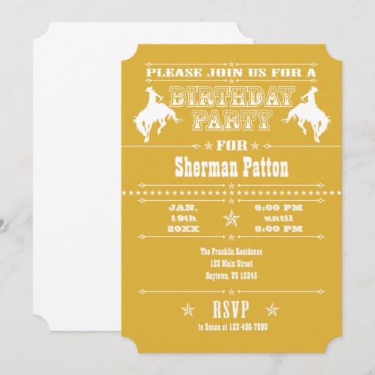 Gold Cowboy Rodeo Birthday Party Invitation Kaart (Voorkant / Achterkant)