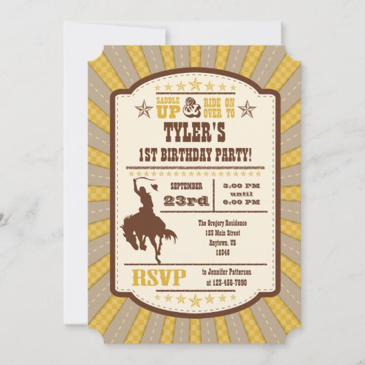 Gold Cowboy Rodeo Birthday Party Invitation Kaart (Voorkant)