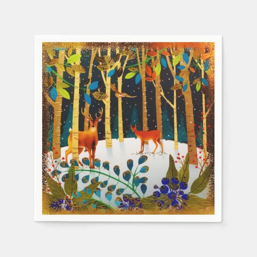 Gold Cozy Winter Deer Forest Waterverf Servet (Voorkant)