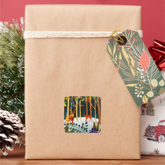 Gold Cozy Winter Deer Forest Waterverf Vierkante Sticker (Feestdagen)