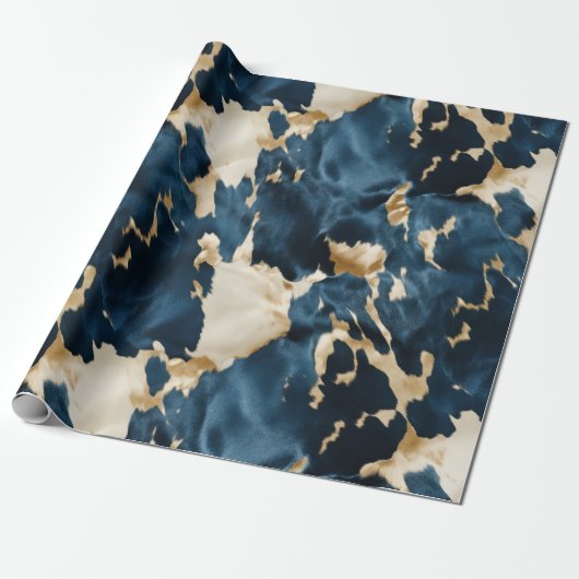 Gold Cream Blue Koeienhuid Cadeaupapier (Uitgerold)