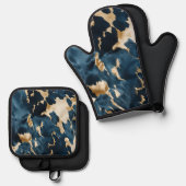 Gold Cream Blue Koeienhuid Ovenwant & Pannenlap Set (Voorkant / Achterkant)