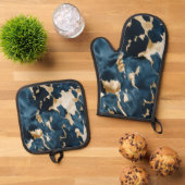 Gold Cream Blue Koeienhuid Ovenwant & Pannenlap Set (Top down)