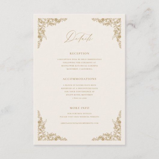 Gold & Cream Details Behuizing Kaart Wedding Info (Voorkant)