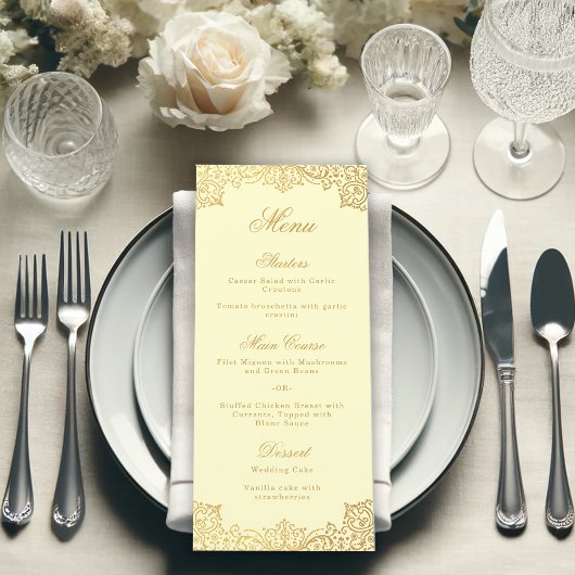 Gold Cream Elegant Script Antiek bruiloft Menu