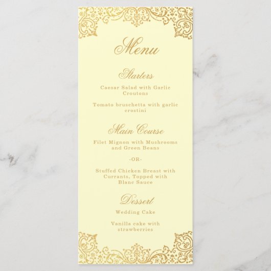 Gold Cream Elegant Script Antiek bruiloft Menu (Voorkant)