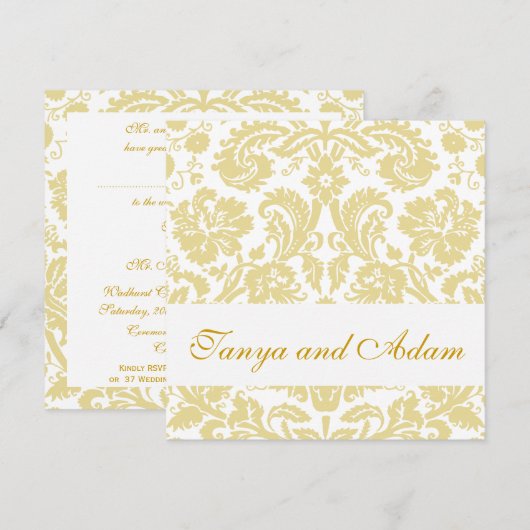 Gold, Cream Floral Damask Pattern Wedding Invite Kaart (Voorkant / Achterkant)