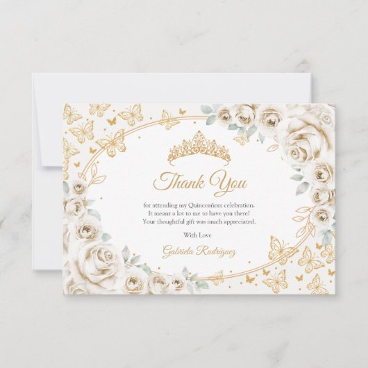 Gold Cream Floral Quinceanera Bedankkaart (Voorkant)