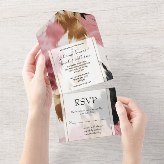 Gold Cream Roze Zwart Cowgirl Koeienhuid All In One Uitnodiging (Afscheurbaar)