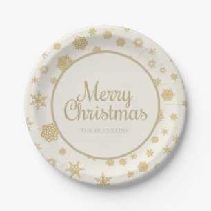 Gold Cream Snowflakes Familienaam Merry Kerstry Papieren Bordje