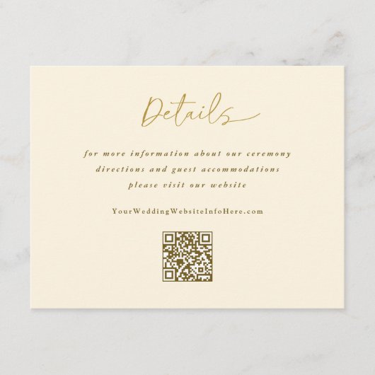 Gold Cream Wedding Modern Handschrift Details QR Informatiekaartje (Voorkant)