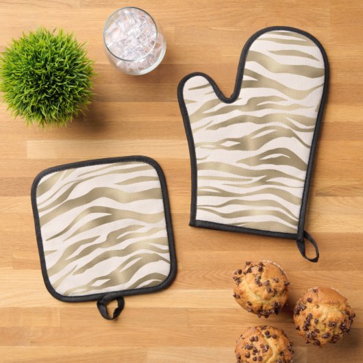 Gold Cream Zebra afdrukken Ovenwant & Pannenlap Set (Top down)