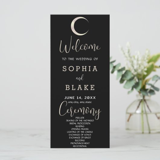 Gold Crescent Moon Celestial Black Wedding Program (Staand voorkant)