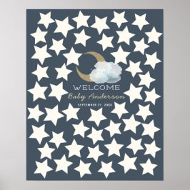 Gold Crescent Moon Midnight Blue Guest Book Sign. Poster