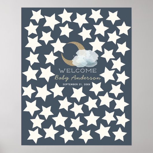 Gold Crescent Moon Midnight Blue Guest Book Sign. Poster (Voorkant)