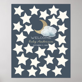 Gold Crescent Moon Midnight Blue Guest Book Sign. Poster