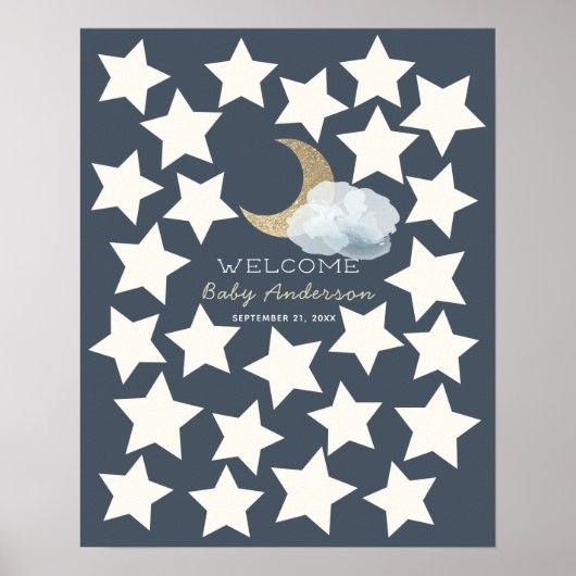 Gold Crescent Moon Midnight Blue Guest Book Sign. Poster (Voorkant)