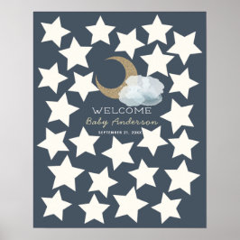 Gold Crescent Moon Midnight Blue Guest Book Sign. Poster