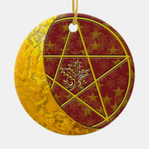Gold Crescent Moon & Pentacle #6 Keramisch Ornament