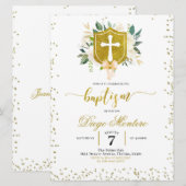 Gold Crest en cross-Gender Neutral Baptisme Invite Kaart (Voorkant / Achterkant)