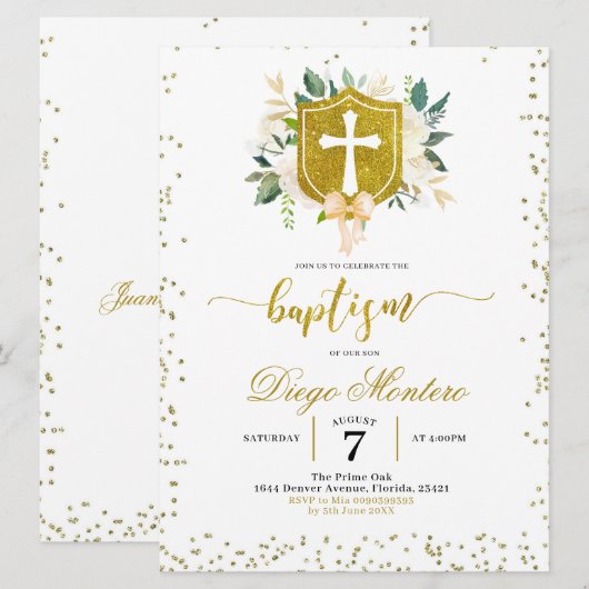 Gold Crest en cross-Gender Neutral Baptisme Invite Kaart (Voorkant / Achterkant)