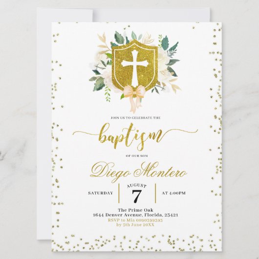 Gold Crest en cross-Gender Neutral Baptisme Invite Kaart (Voorkant)